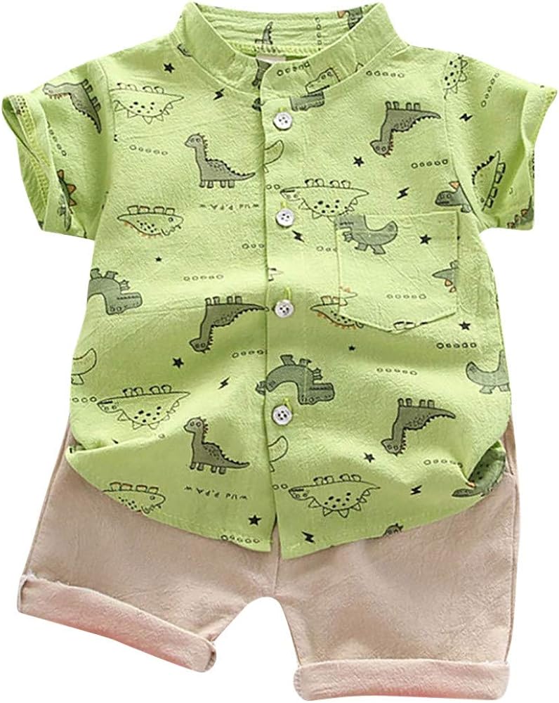 Toddler Boy Summer Clothes Kids Dinosaur Pattern Short Sleeve Button Down Tops Solid Shorts Baby Suit 2Pcs Set