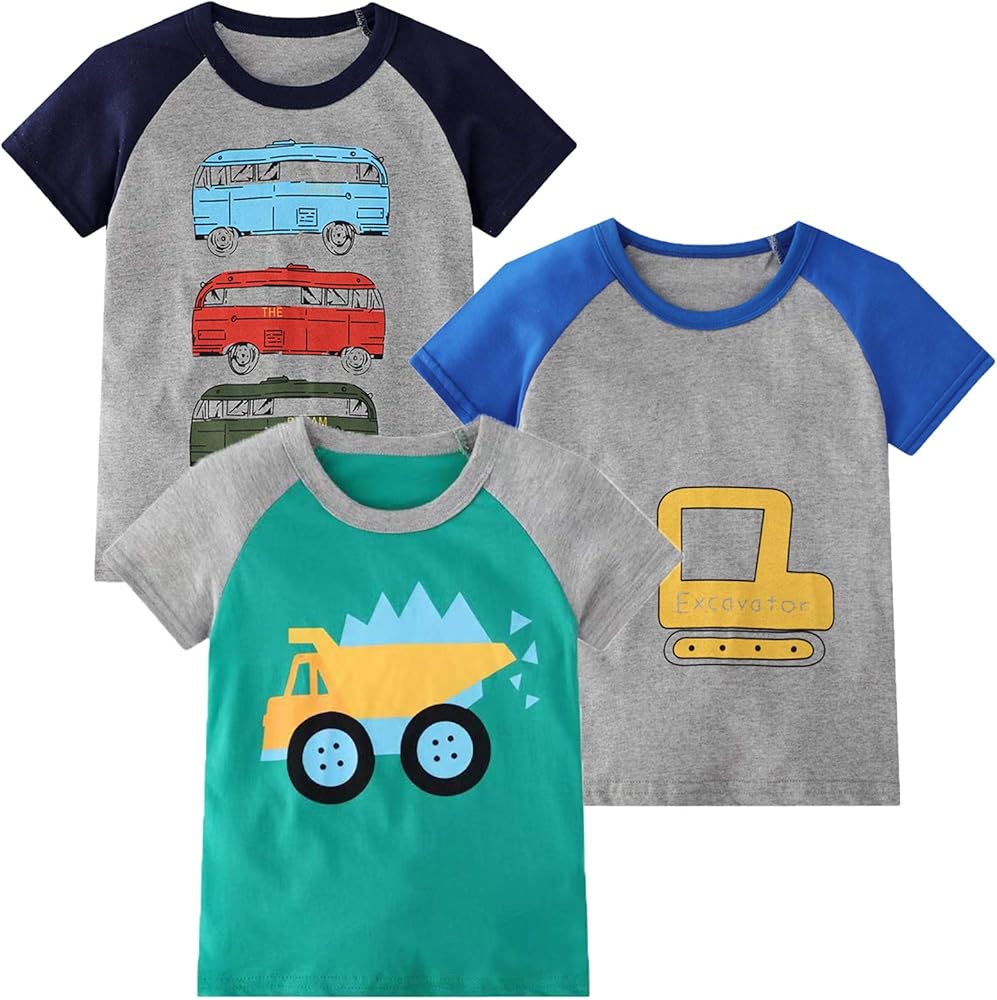 Boy Short Sleeve Tee Shirt Summer Cotton Casual Crewneck Truck Excavator Graphic Tops T-Shirts Size 6