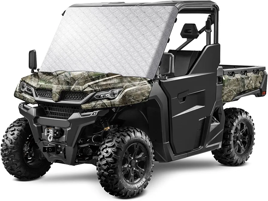 UTV Sunshade Compatible with Kawasaki Mule Pro, Polaris Ranger, Yamaha/Honda/Can-Am/John Deere/Kubota, 4-Layer Heavy Duty Car Front Window Shades, Windshield Folding Protection Blocker