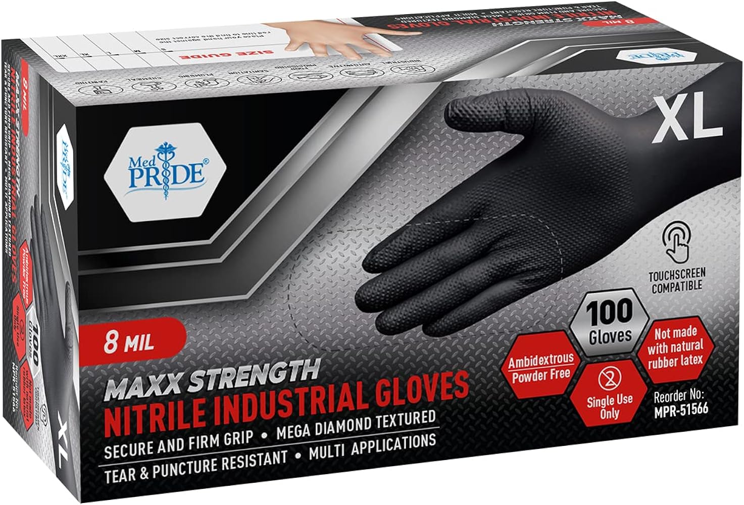 MED PRIDE Maxx Strength Nitrile Industrial Black, 8 Mil Thick - Diamond Texture Disposable Heavy-Duty, Tear-Resistant