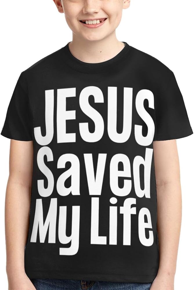 Christian Jesus Saved My Life Cross Boys Girls Shirts Kids Short Sleeve Classic Crewneck Top Tee