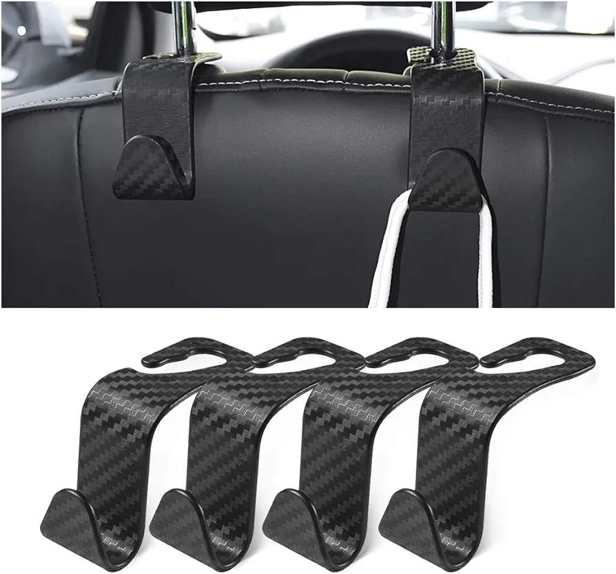 Hanemia Car Back Seat Headrest Hooks, 4 Pack Carbon Fiber Stylish Back Seat Hanger for Car Handbag Clothes Coats Grocery Bags, Car Interior Accessories (Carbon Fibre/Black)