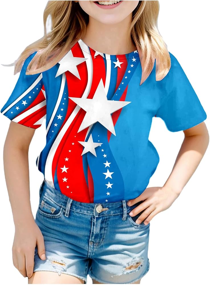 Toddler Girls Boys 4th of July T-Shirt American Flag T-Shirts Classic Short Sleeve Round Neck Tshirts for Kids Boys Girls