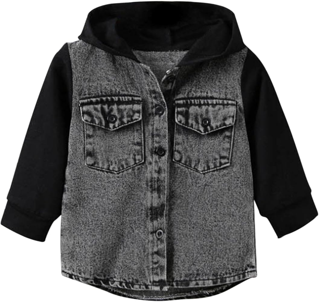 Soft Solid Children's T Shirt Long Sleeved Hooded Denim Patchwork Top Casual Going Out for Boys Or Girls T Shirt Set