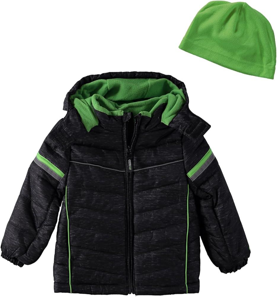 LONDON FOG Boys' Big Active Puffer Jacket Winter Coat, Black/Green Space Dyed, 5/6