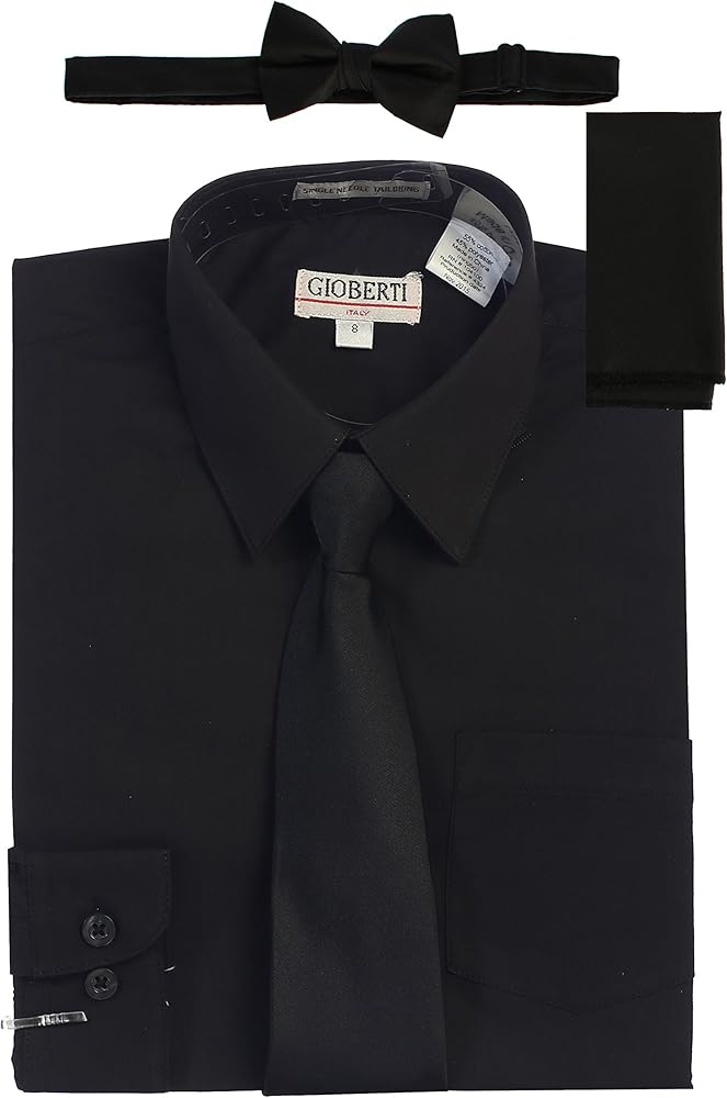 Gioberti Boy's Long Sleeve Dress Shirt + Solid Tie, Bow Tie, and Hanky