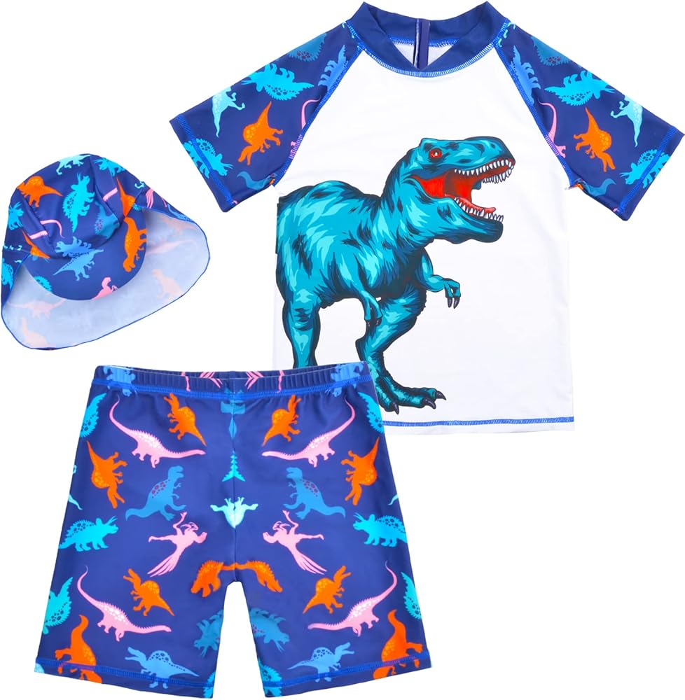 Boys Two Pieces Swimsuit Set Short Sleeve Kids Rash Guard Dinosaur Boys Bathing Suit with Sun Cap for 2-6 Years