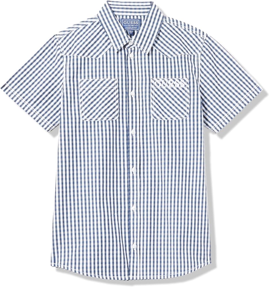 GUESS Boys' Organic Cotton Yarn Dye Poplin Short Sleeve Button Down Shirt