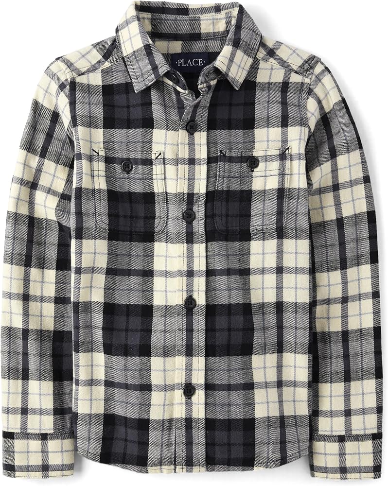 The Children's Place Boys' Long Sleeve Flannel Button Up Shirt, Haystack Plaid, XX-Large