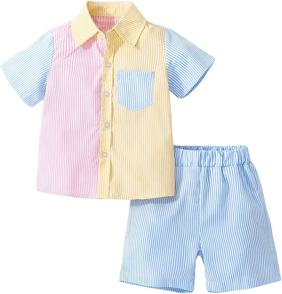 OYOANGLE Boy's 2 Piece Outfits Striped Colorblock Short Sleeve Button Down Shirt and Elastic Waist Shorts Set