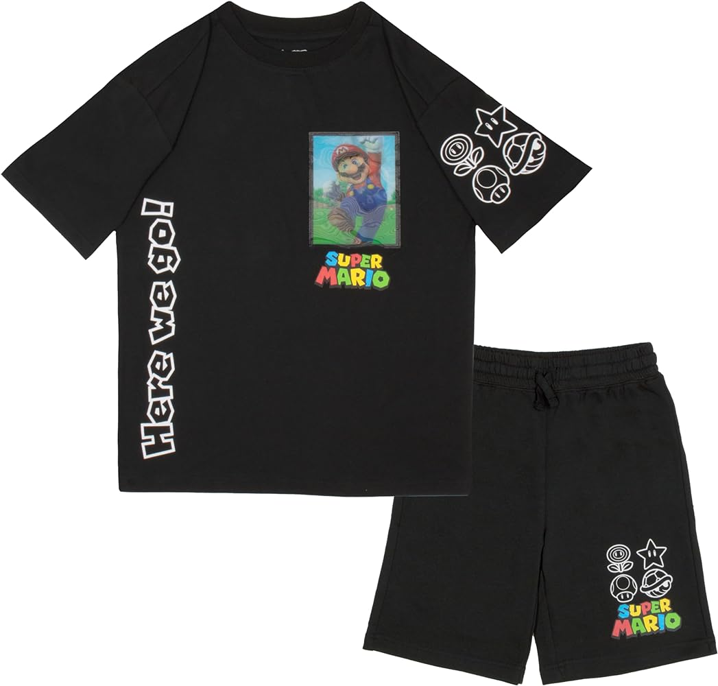 Nintendo Super Mario Bros Boys Short Sleeve T-Shirt & Shorts Set with Lenticular Image Changing Patch, 2-Piece Gamer Outfit