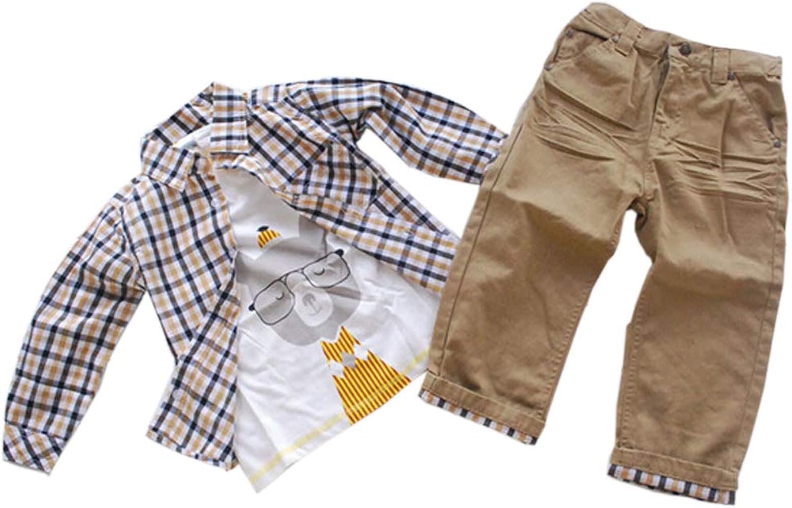 Boy's Plaid Tops and Koala Printed T-Shirt and Pants 3 Pieces Clothing Sets (Khaki,4-5 Years)