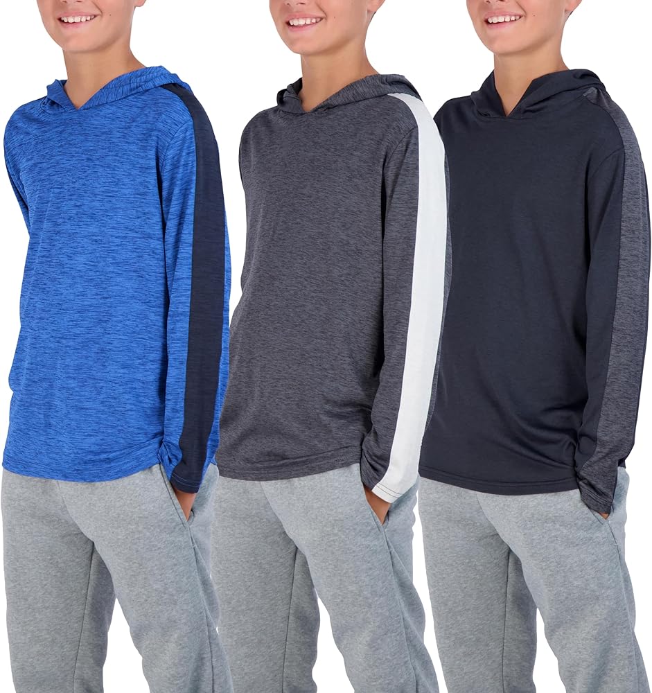 Real Essentials 3 Pack: Dry-Fit Youth Boys Teen Active Long Sleeve Hoodie Sweatshirts - Hooded Pullover Shirts