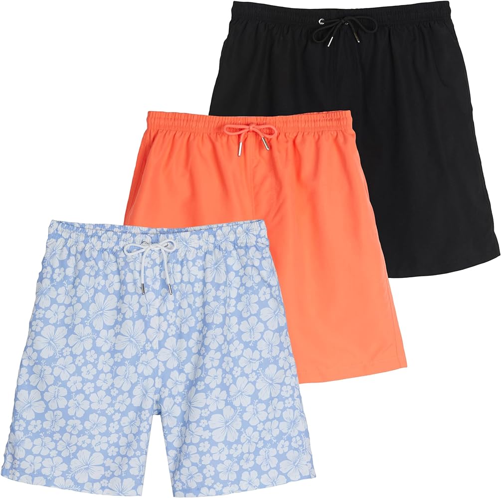 Real Essentials 3-Pack: Boy's Swim Board Shorts Trunks with Drawstring Beach UPF Swimwear Surf Swimming Short for Boys