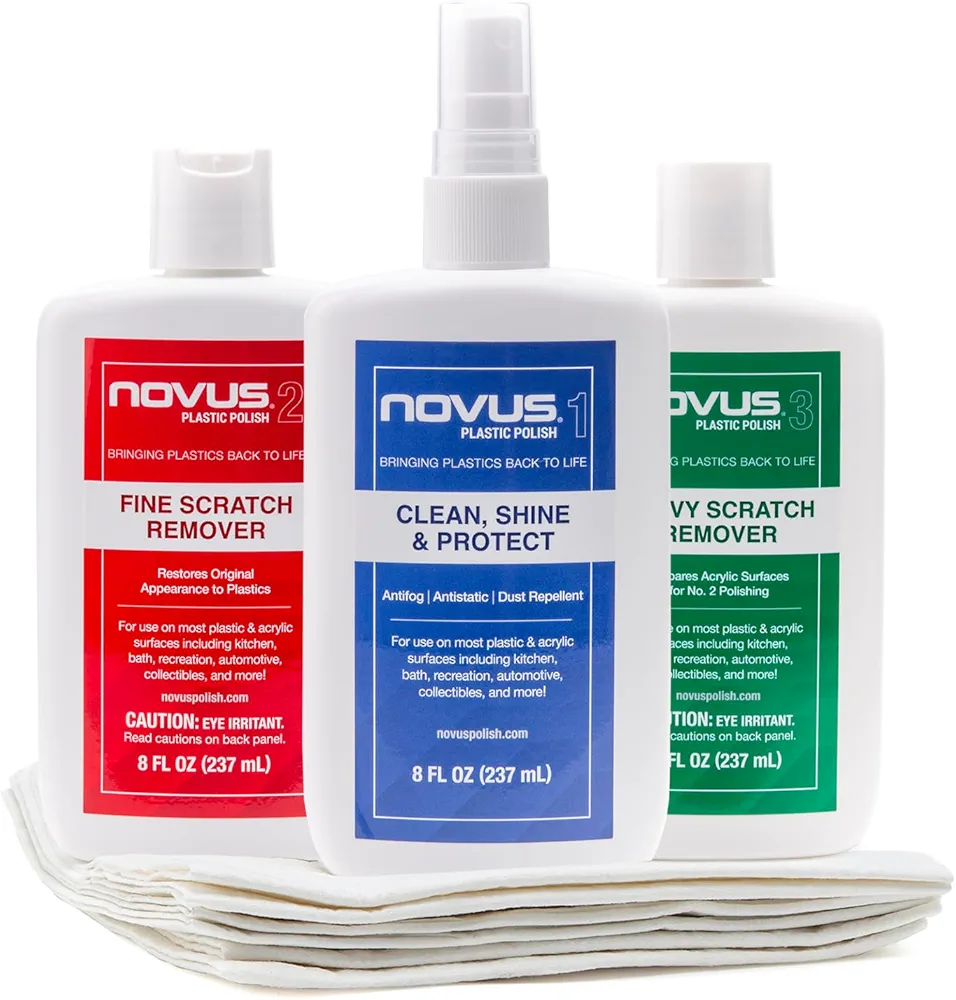 NOVUS-PK1-8OZ-PM | Plastic Clean & Shine #1, Fine Scratch Remover #2, Heavy Scratch Remover #3, and Extra Polish Mates Pack | 8 Ounce Bottles