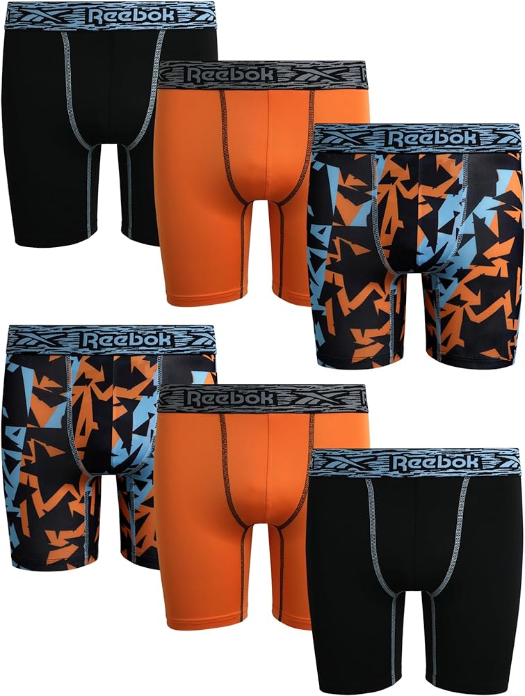 Reebok Boys Boxer Briefs- 6 Pack Athletic Performance Stretch Long Leg Boys Underwear - Breathable Boxers for Boys (6-18)