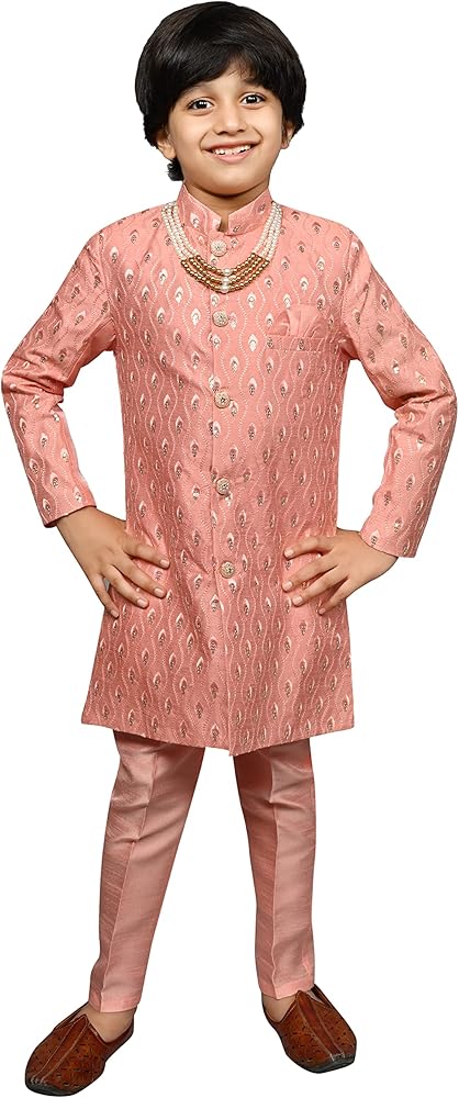 AHHAAAA Silk Blend Kids Indian Ethnic traditional Party Wear Sequin Print Indo-Western Sherwani Set For Boys