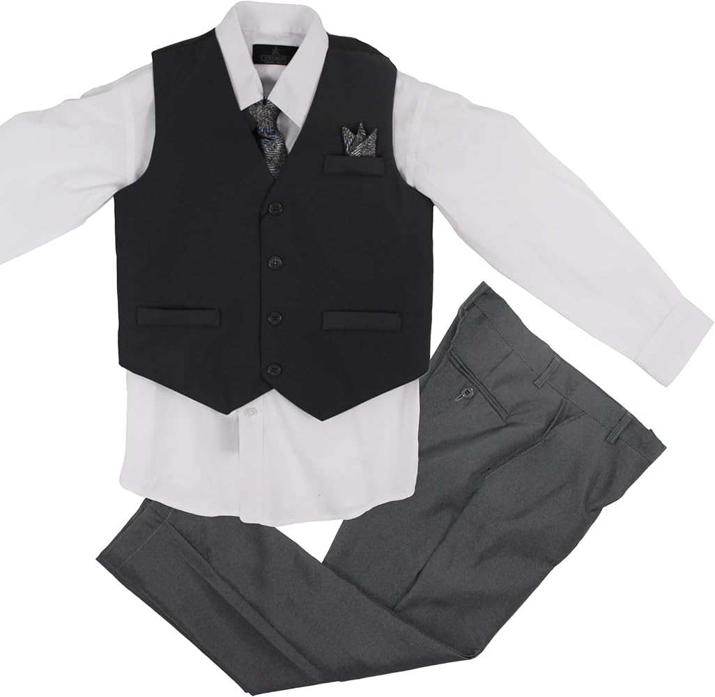 Vittorino Boys 4 Piece Suit Set with Vest, Dress Shirt, Bow Tie, Pants & Pocket Square | Big & Little Kids Formal Apparel