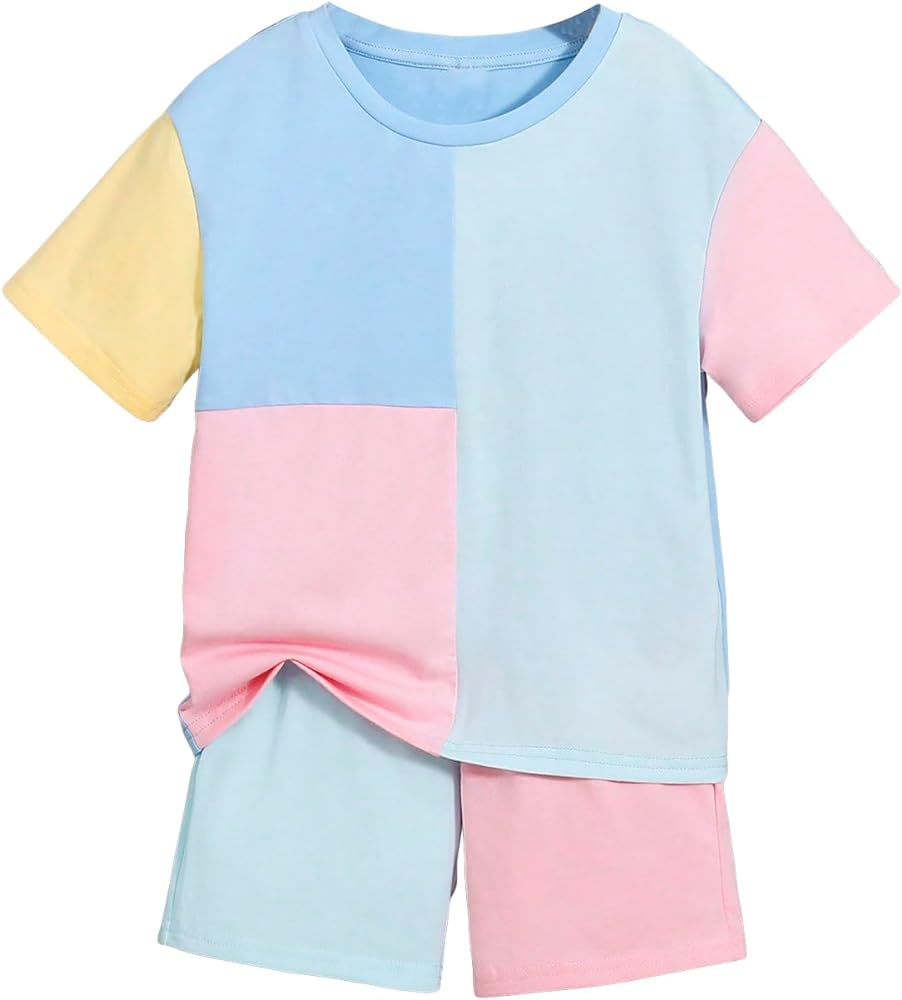 Verdusa Boy's 2 Piece Outfit Colorblock Short Sleeve Round Neck T Shirt and Shorts Set