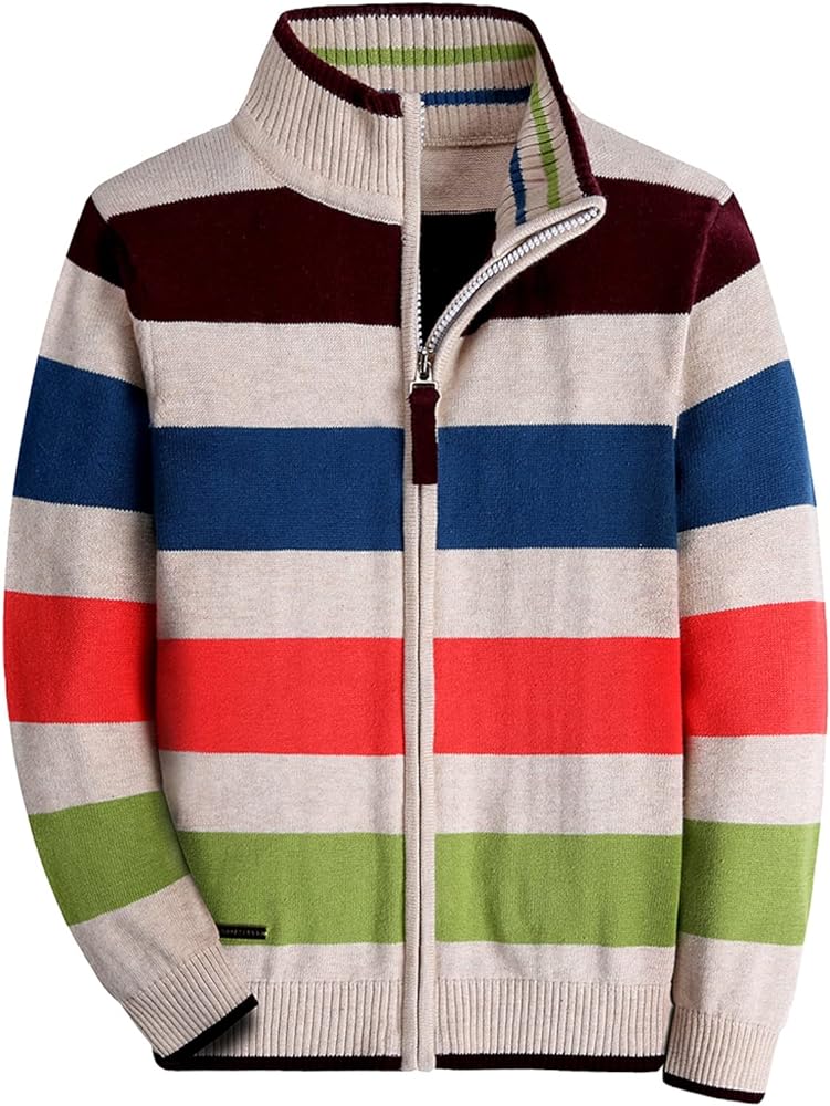 Boy Striped Sweater Cardigan -Zipper Up Closure Sweater Jacket for Boys Thick Sweater Long-Sleelve 100% Cotton