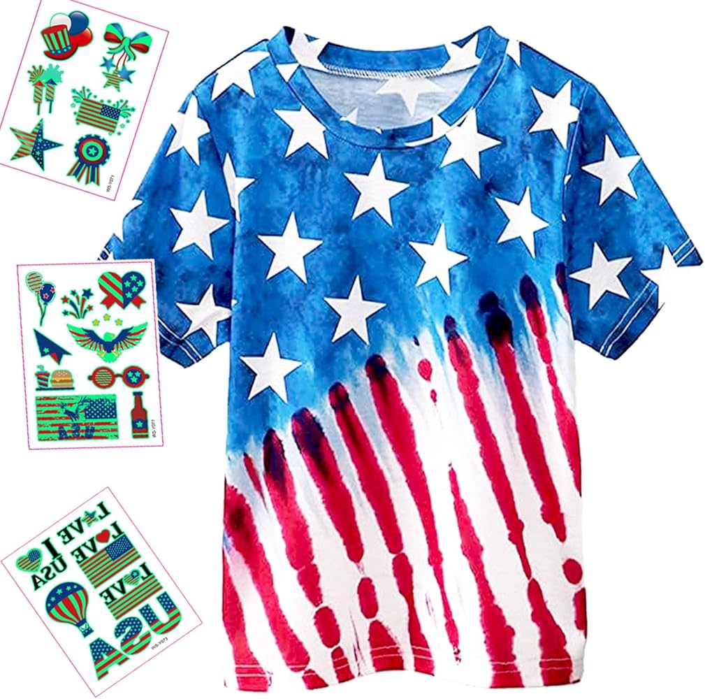 Boys Girls 4th of July Toddler Tees American Flag Patriotic T-Shirt Kids Tattoo Sticker Independence Day Short Sleeve Tops