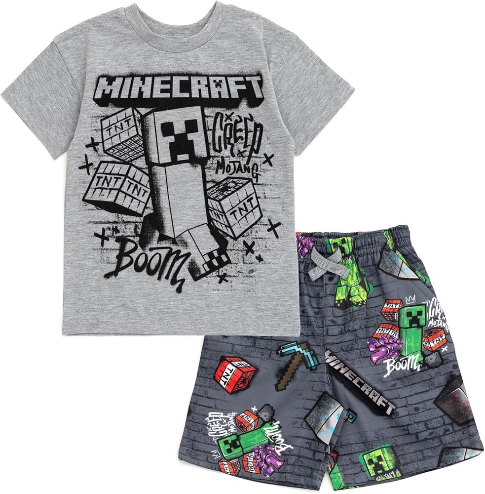 Minecraft Creeper Skeleton Zombie Enderman Graphic T-Shirt and Mesh Shorts Outfit Set Little Kid to Big Kid