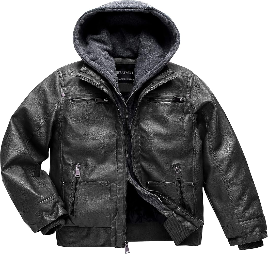 Boy's Faux Leather Jacket Windproof Warm Winter Coat Kids Bomber Outerwear Waterproof PU Motorcycle Jacket