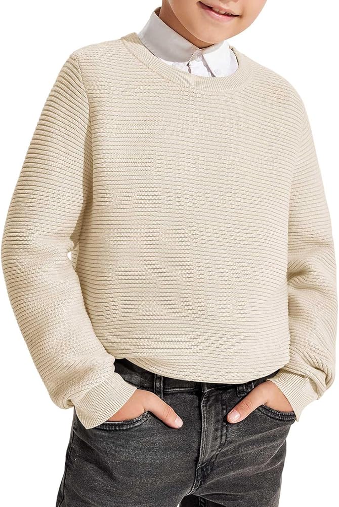 Haloumoning Boys Crewneck Knit Sweaters Kids Fashion Long Sleeve Solid Color Pullover Tops 7-14 Years