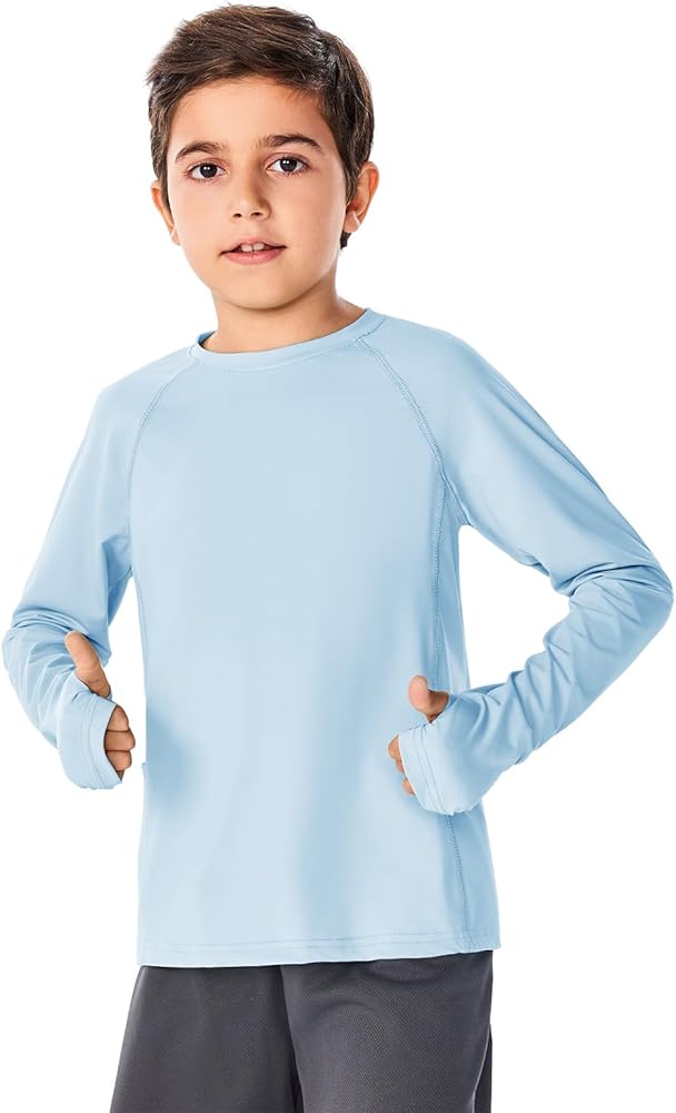 Boys Long Sleeve Athletic Shirts Kids Quick Dry Thumb Hole T-Shirts Tops with Pockets 4-14 Years