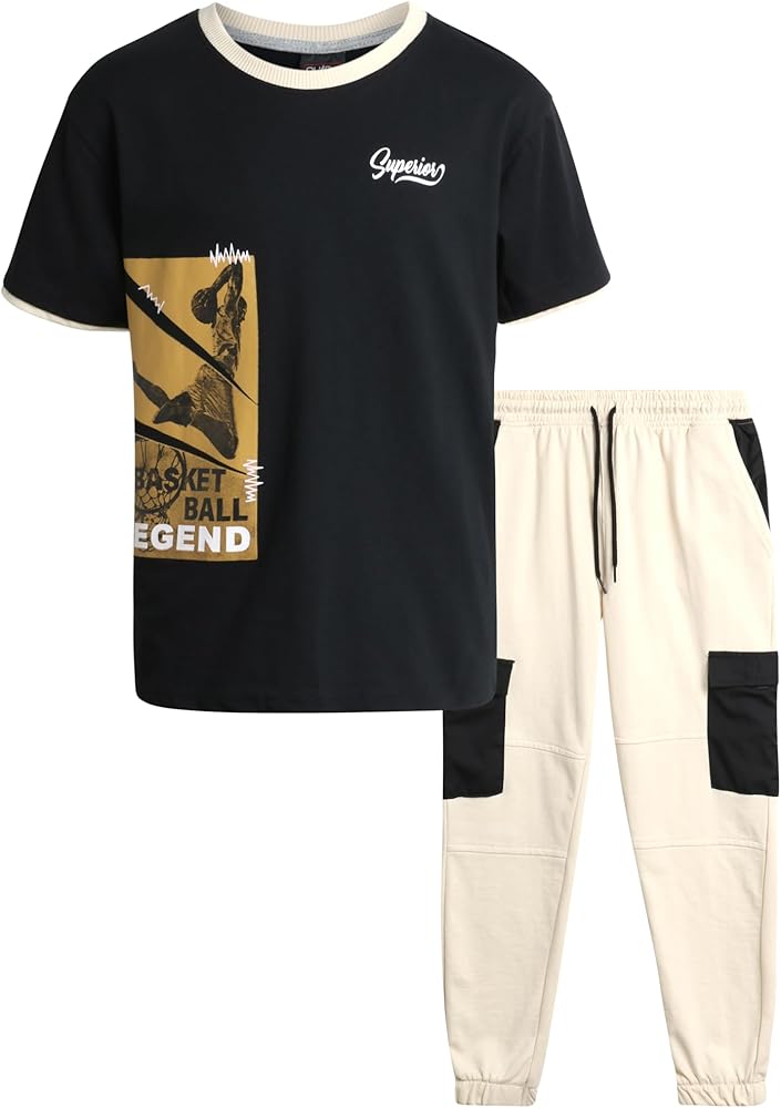 Boys' Pants Set - 2 Piece Short Sleeve T-Shirt and French Terry Cargo Jogger Sweatpants with Pockets (8-18)