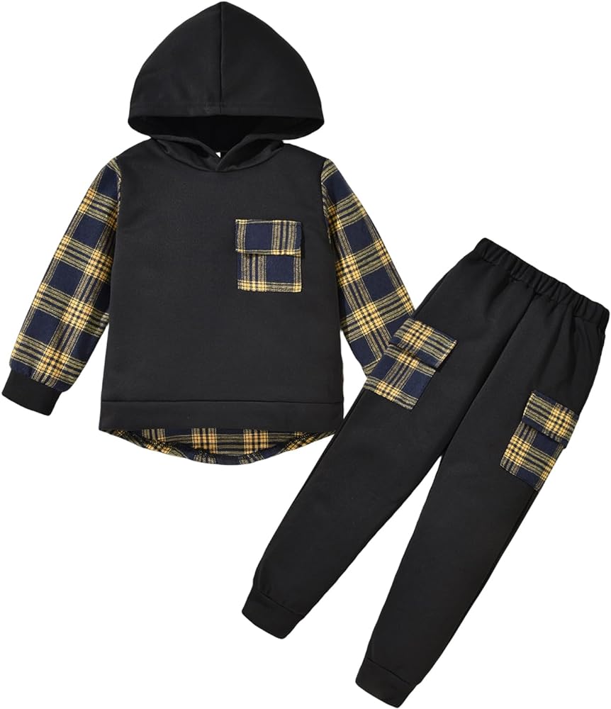 Unutiylo Toddler Boy Clothes Plaid Long Sleeve Hoodie Sweatshirt Pants Kids Little Boy Fall Winter Outfits Set