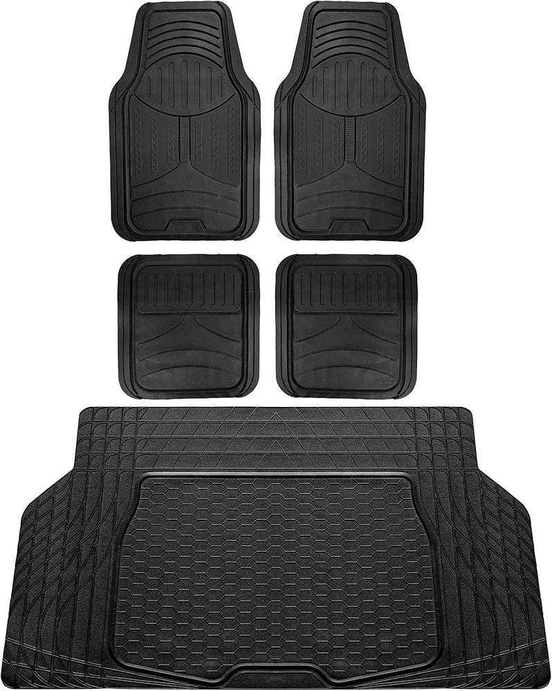 FH Group Monster Eye Full Set Rubber Floor Mats w. Trimmable Vinyl Trunk Liner/Cargo Mat Black- Fit Most Car, Truck, SUV, or Van (Black) F11313- F16403