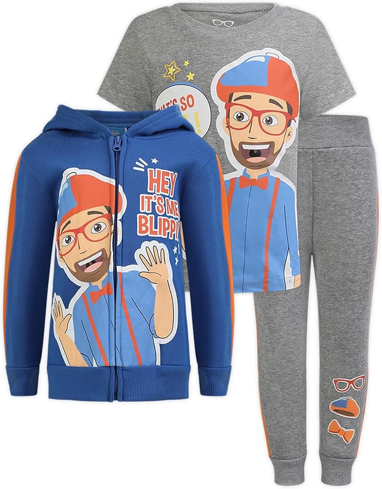 Blippi Boys 3 Piece T-Shirt, Zip Up Hoodie and Pants Set for Toddler and Little Kids