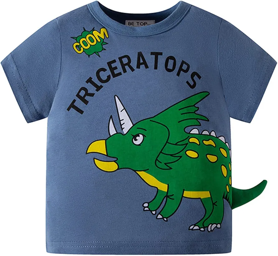 Toddler Boy Girl T Shirts Tank Tops Athletic Tee Shirt Top Summer Cartoon Dinosaur Short Sleeve Crewneck T Shirts (Blue, 1-2 Years)