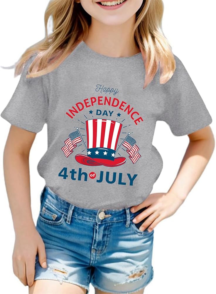 4th of July Outfits for Girls Boys 3D Graphic Printed Tees Shirt Novelty Short Sleeve Crew Neck Independence Day Tops Tees 3-10 Years,Toddler Fourth of July Shirt Boy,4Th of July Kids Shirts Grey