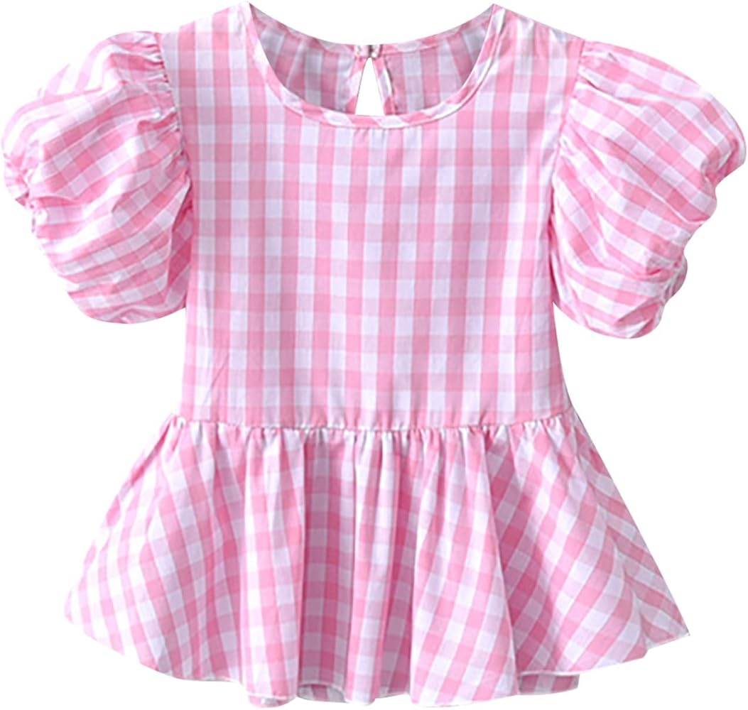 Girls Summer Plaid Top Pleated Hem Crew Neck Short Sleeves Casual Seaside Exclusive for 0 to 6 5t Easter Outfit