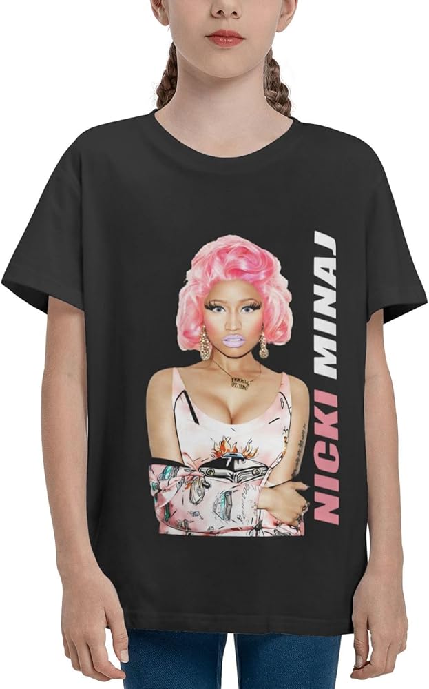 Nicki Music Minaj Shirt Boy's Girl's T Shirts Short Sleeve Graphic Tees Summer Casual Crewneck Tops Black, Large