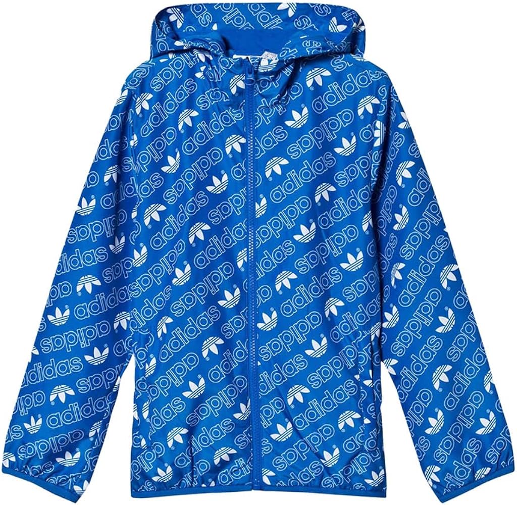 adidas Repeating Trefoil Print Boys Windbreakers Size M, Color: Bluebird/White