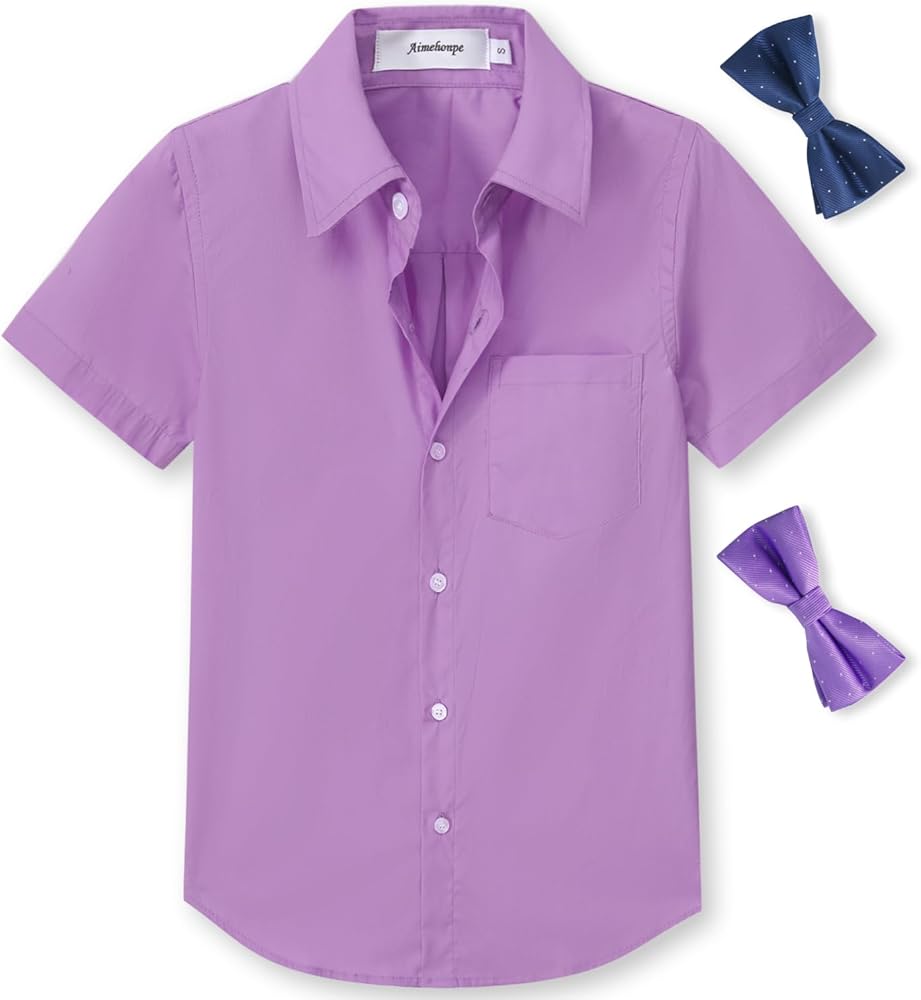 Boys Short Sleeve Dress Shirts Solid Poplin Soft Stretch Fabrics with Two Bow Tie Set