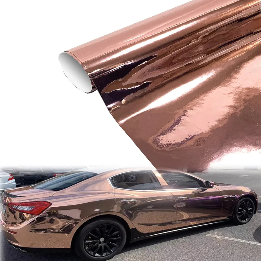 XhuangTech Rose Gold Chrome Vinyl Wrap, Self Adhesive Chrome Mirror Vinyl Car Wrap Film，Car Body Wrapping Foil Car Sticker (59.84"x11.81"（152x30CM)