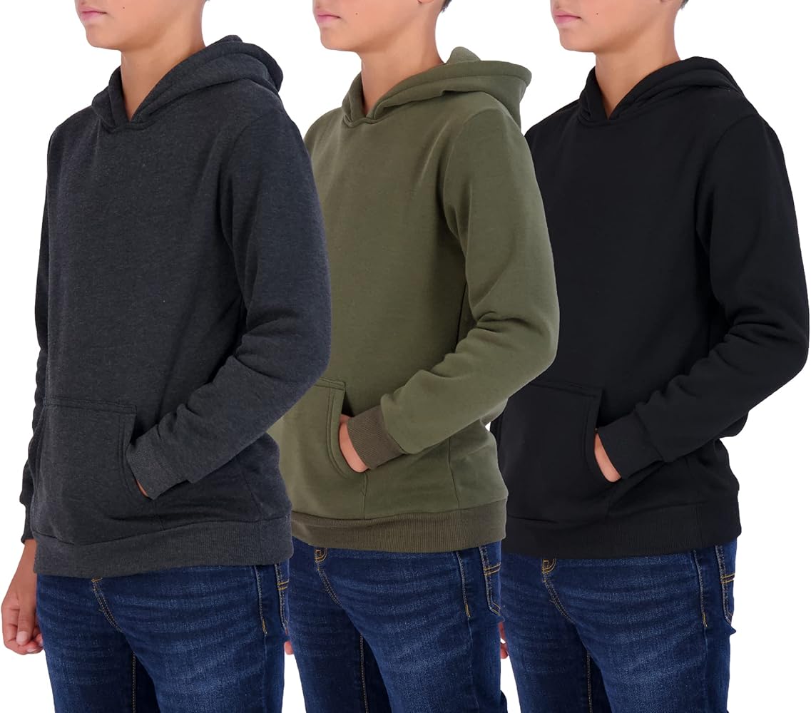 Real Essentials 3 Pack: Youth Fleece Long Sleeve Soft Pullover Hoodie Sweatshirt - Boys & Girls