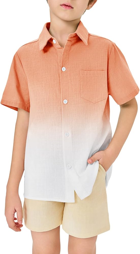 Boys Button Down Shirts Gradient Linen Casual Short Sleeve Beach Summer Boy Shirt with Pocket 2-14 Years