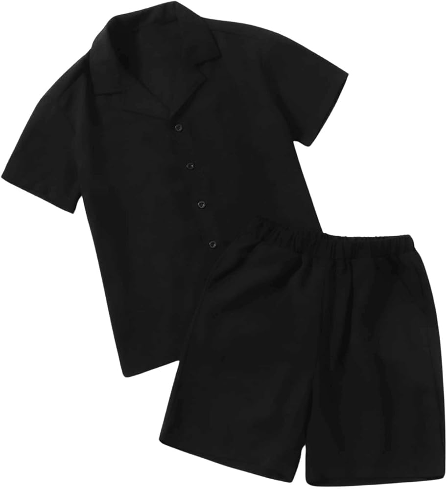 Floerns Boy's 2 Piece Outfit Short Sleeve Button Down Blouse and Elastic Waist Shorts Set