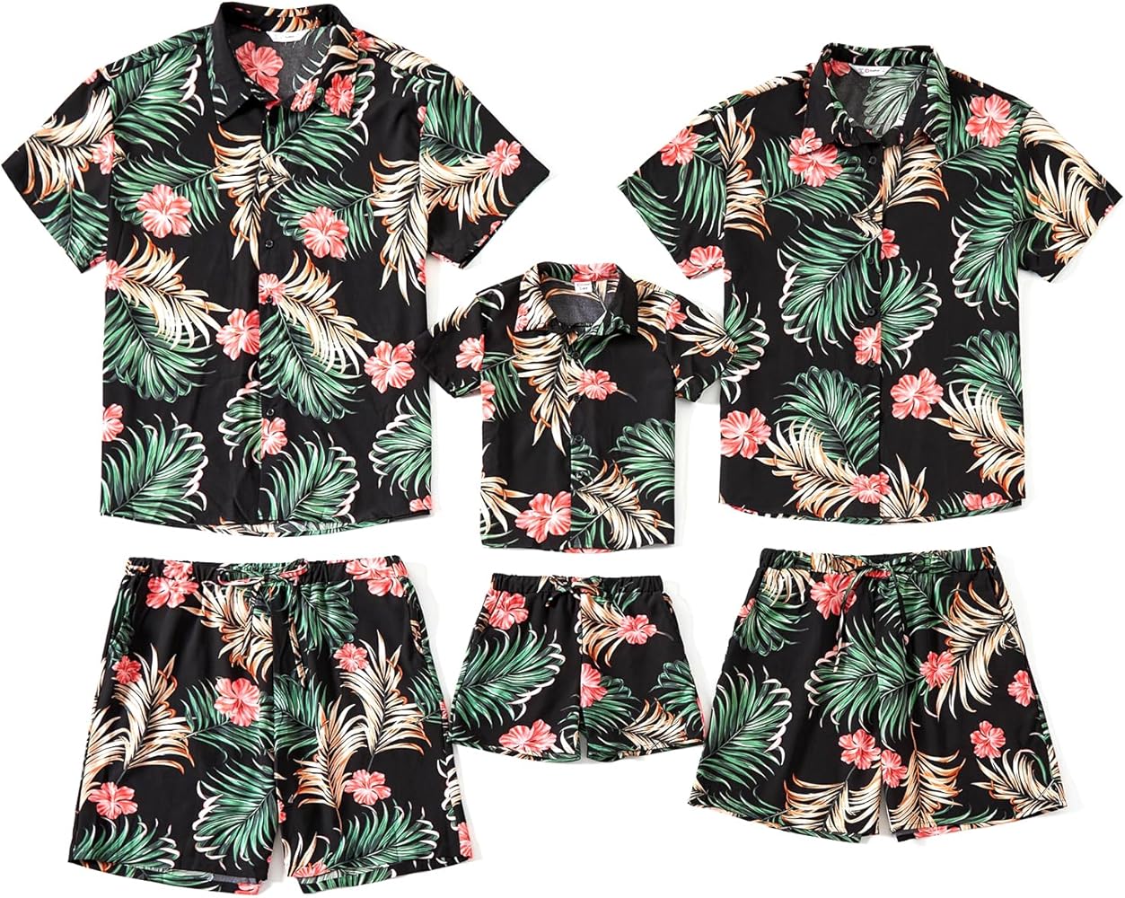 PATPAT Family Matching Outfits Hawaiian Dad and Me Beach Tropical Plant Allover Flower Print Shirt and Shorts set