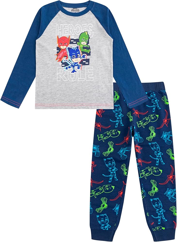 PJ Masks Catboy, Gekko and Owlette Boys’ Long Sleeve Shirt and Jogger Pants Set for Toddler and Little Kids – Navy/Grey