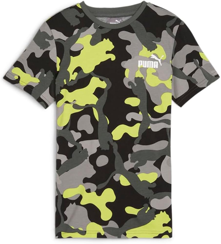 Puma Kids Boys Essentials Camouflage Crew Neck Short Sleeve Athletic Tops Casual - Black, Grey, Yellow