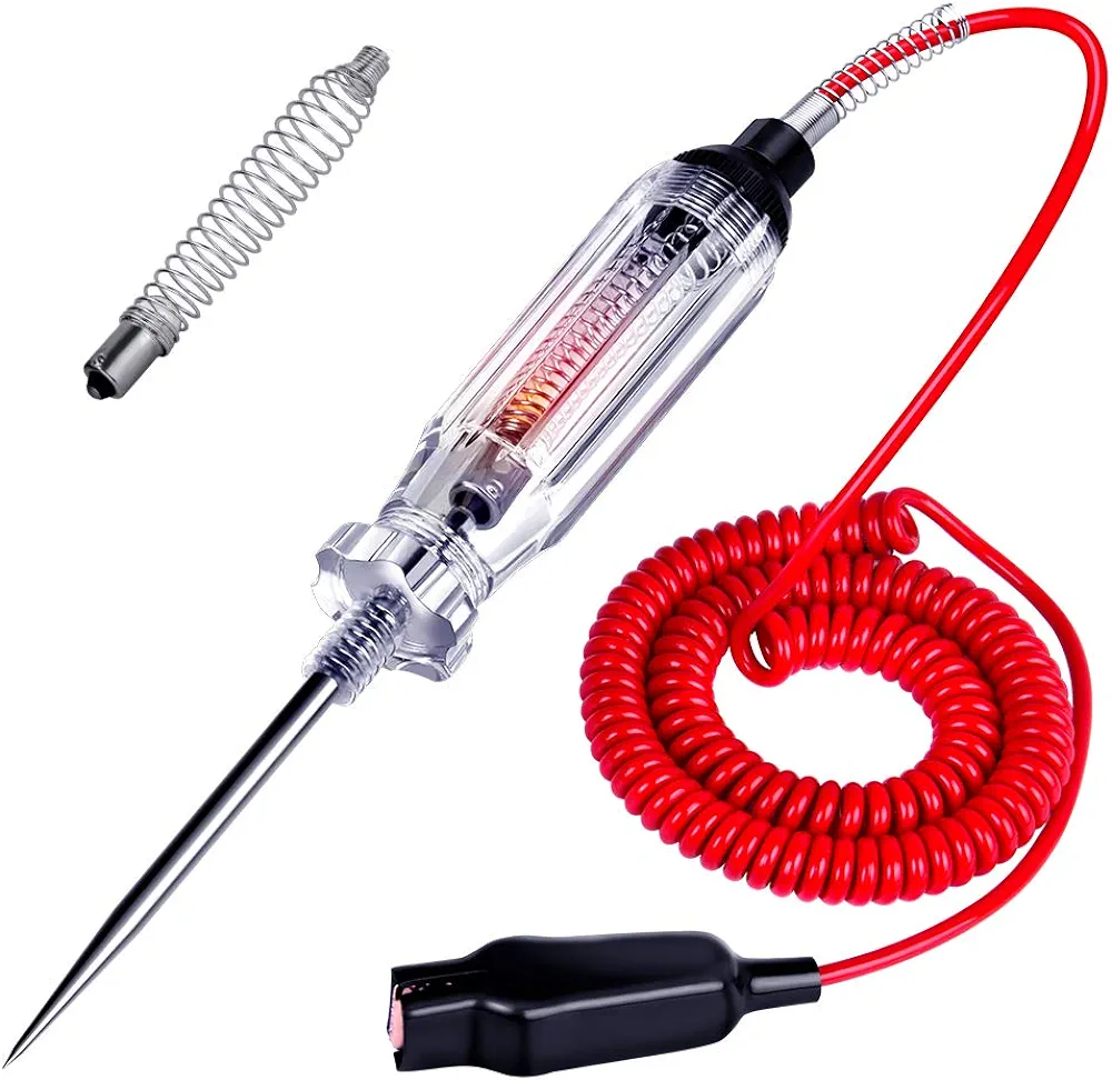 Heavy Duty Automotive Circuit Tester, Premium 6-24V Test Light with Extended Spring Test Leads & Sharp Piercing Probe, Circuit Voltage Tester with Replacement Indicator Light for Car/Vehicles