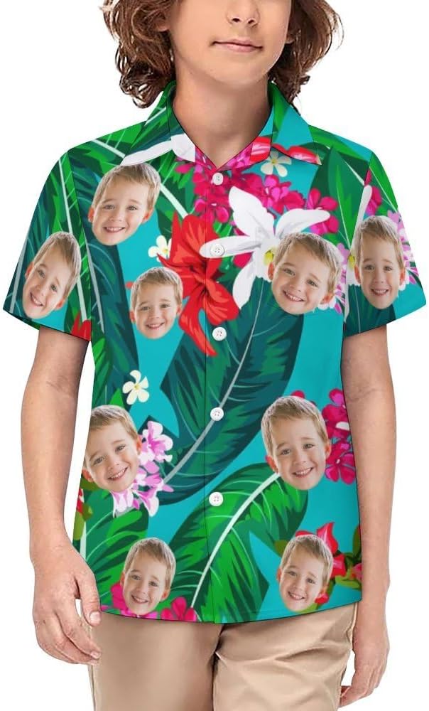 Custom Photo Face Little & Big Boy's Button Down Hawaiian Shirts Short Sleeve Cool Floral Pineapple Tops T-Shirt for Kids