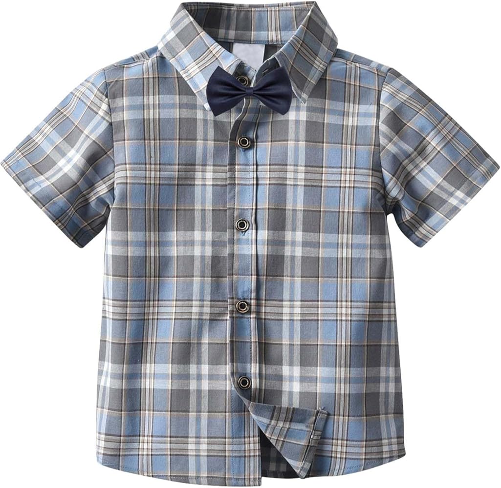 Children's Summer T Shirt Plaid Printed Single Breasted T-Shirt Turndown Collar Short Sleeve Bow Tie Tops