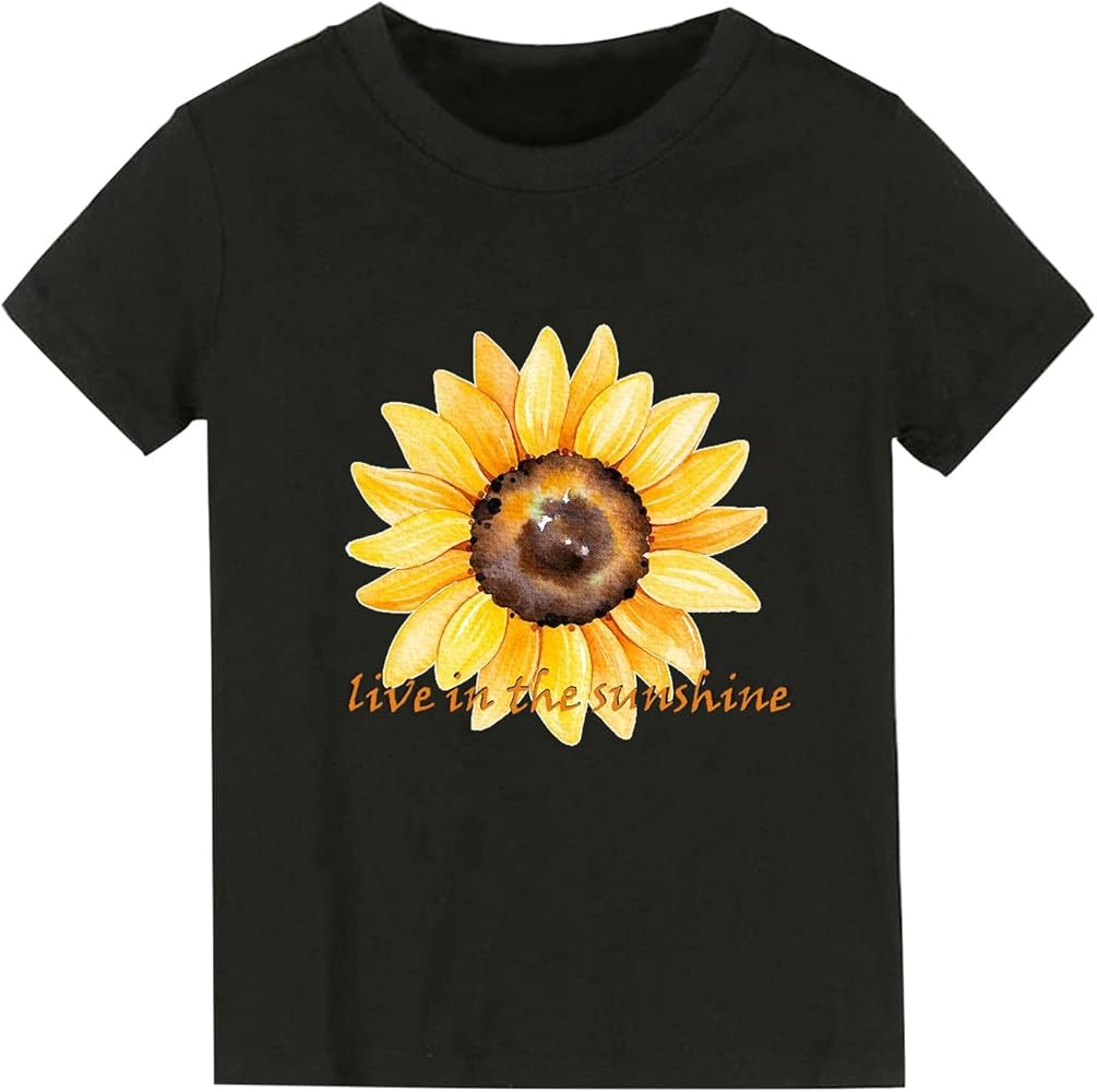 Girls Summer Sporty Tops Sleeved T Shirts Sunflower Cartoon Print Live in The Sunshine for Boys and Girls Summer Solid